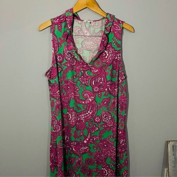 Crown & Ivy Pink Paisley Ruffle Jersey Knit Sleeveless Dress Size 1X - Picture 4 of 10